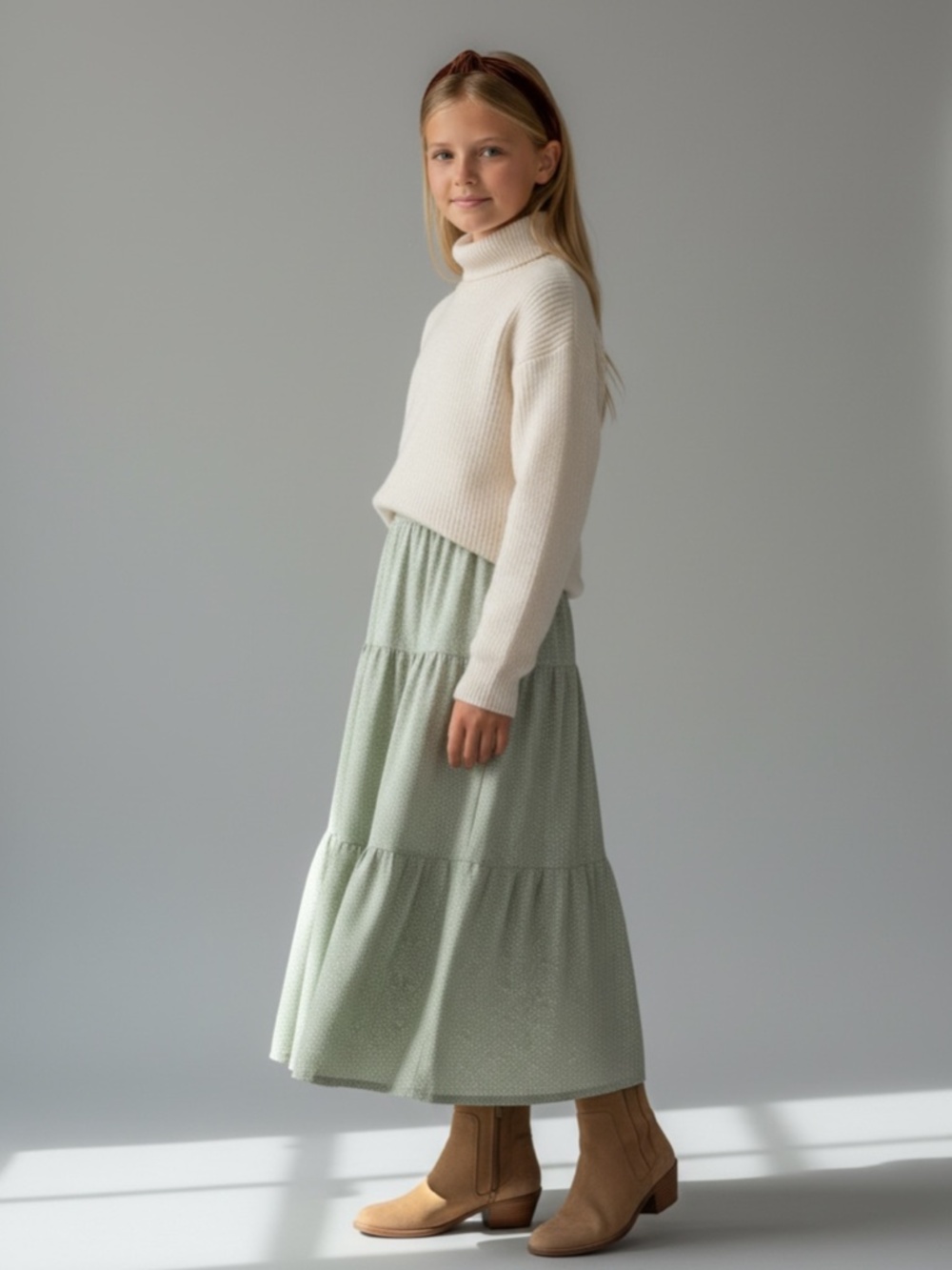 Skirt Flannel Girls XL 14/16 Maxi Green Polka Dot Ruffle Tier Mom and Pop's Kids